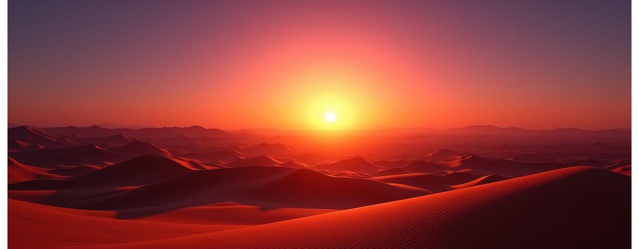 Golden sunset over vast desert landscape with luxury glamping tents in the distance