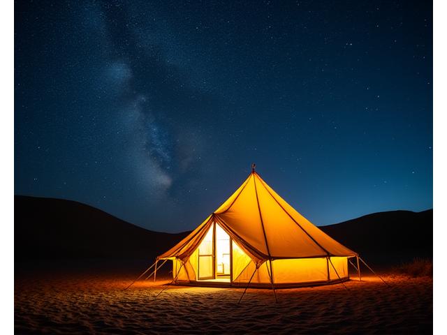 Luxury tent exterior illuminated at night under a clear, star-filled desert sky