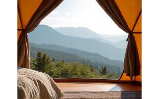 Glamping site overlooking a scenic vista in the morning